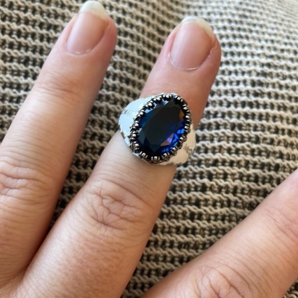 Alexander McQueen Blue Stone White Enamel Ring Size 6